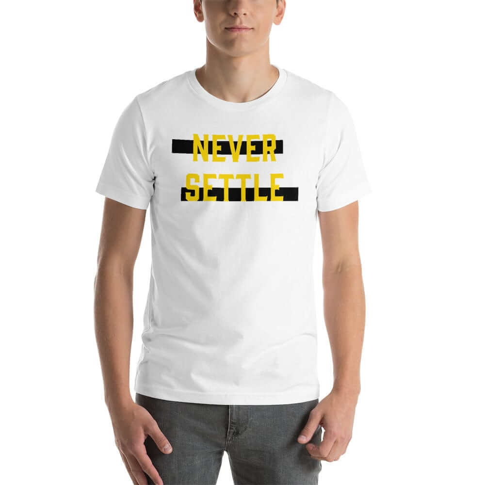 Never Settle Statement Short-Sleeve Unisex T-Shirt, Clothing T-shirts, $ 30.44, A Moment Of Now™