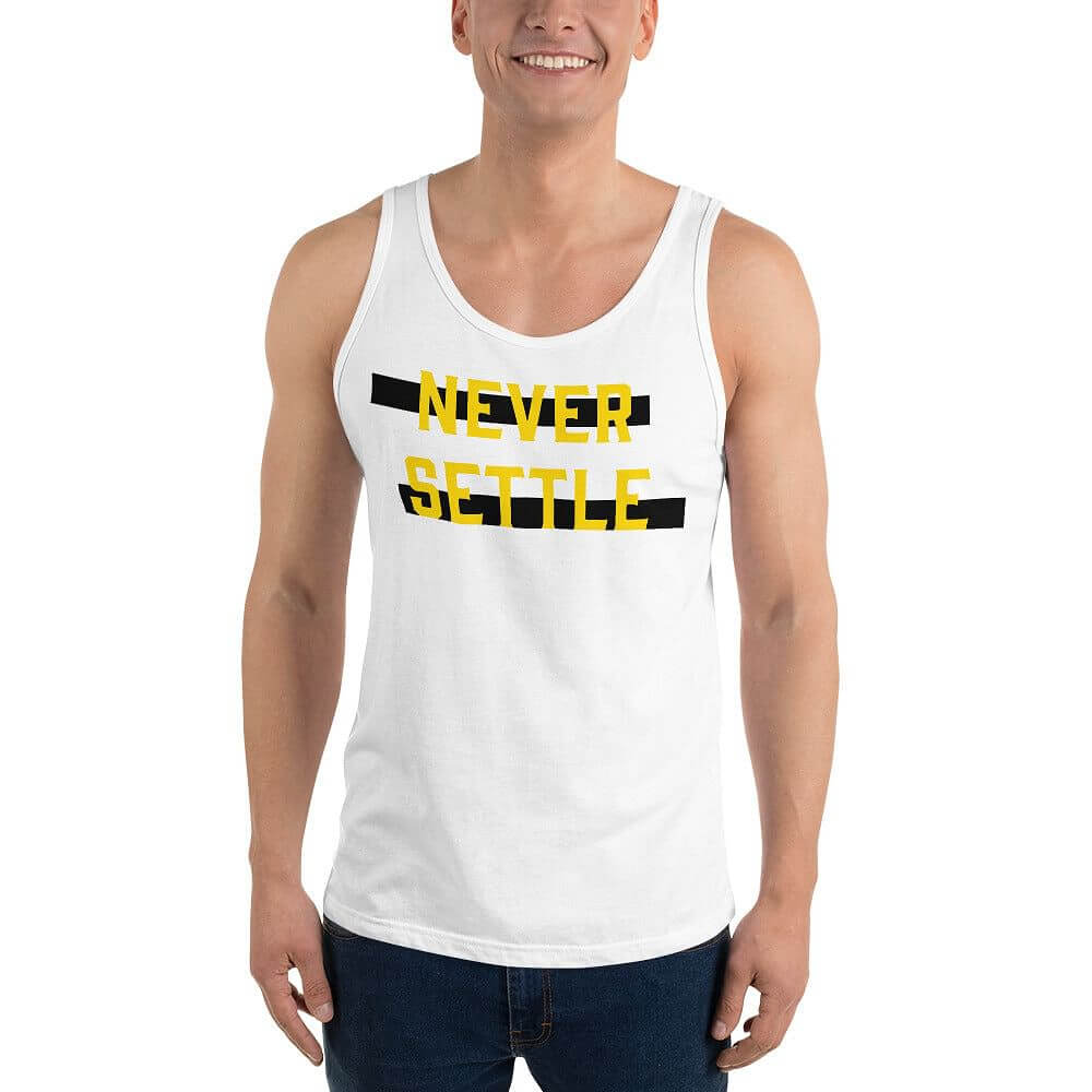 Never Settle Unisex Tank Top | Motivational Gym Apparel, Tank Tops, $ 32.44, A Moment Of Now™
