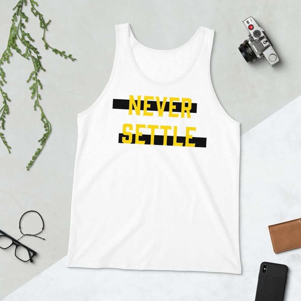 Never Settle Unisex Tank Top | Motivational Gym Apparel, Tank Tops, $ 32.44, A Moment Of Now™