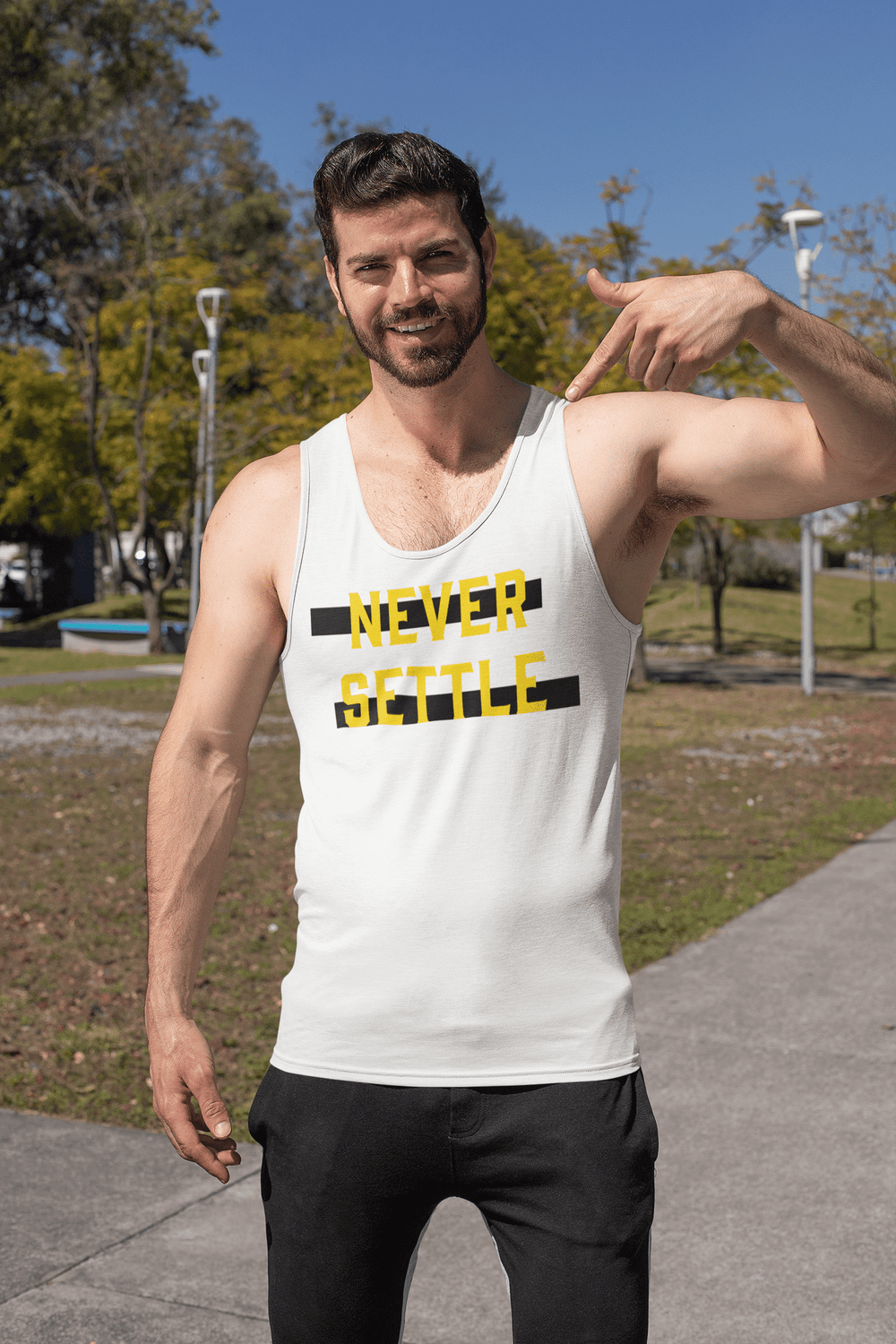 Never Settle Unisex Tank Top | Motivational Gym Apparel, Tank Tops, $ 32.44, A Moment Of Now™