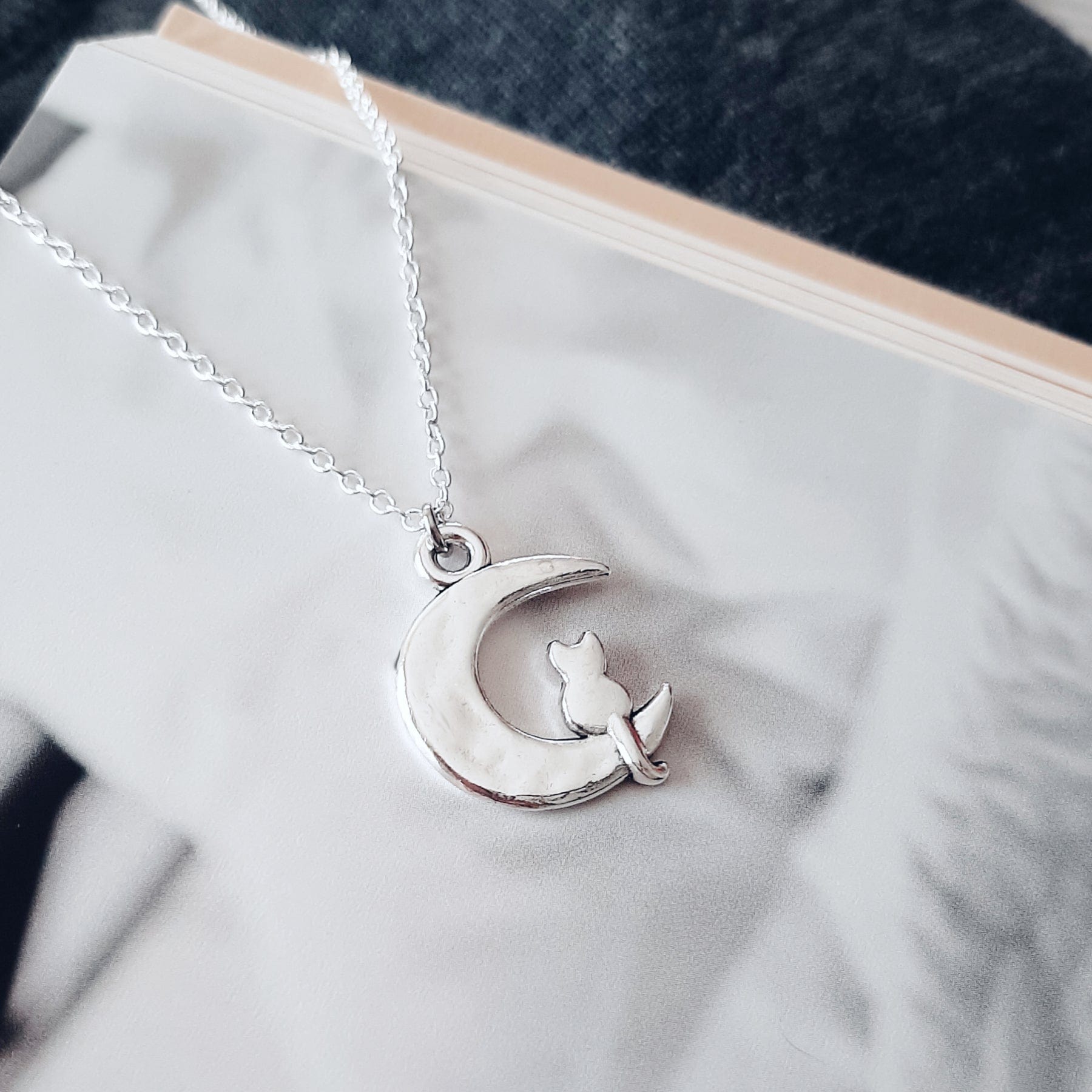 Shop Silver Kitty Cat on The Moon Pendant Necklace for Cat Lovers | Gift for Birthday, Christmas, Mother's Day, Anniversary and Valentine's Day, Necklaces, USA Boutique