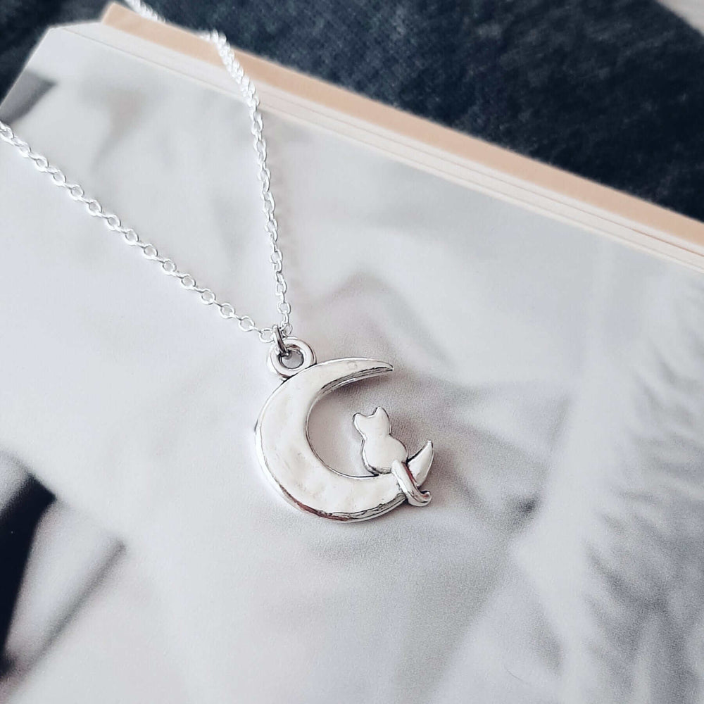 Silver Kitty Cat on The Moon Pendant Necklace for Cat Lovers | Gift for Birthday, Christmas, Mother's Day, Anniversary and Valentine's Day, Necklaces, $ 12.99, A Moment Of Now™