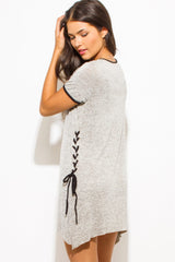 Shop Women’s Grey Short Sleeve Lace Up Long Hippie Boho Long T-Shirt Dress, Tops, USA Boutique