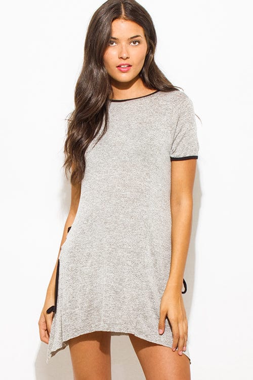 Shop Women’s Grey Short Sleeve Lace Up Long Hippie Boho Long T-Shirt Dress, Tops, USA Boutique