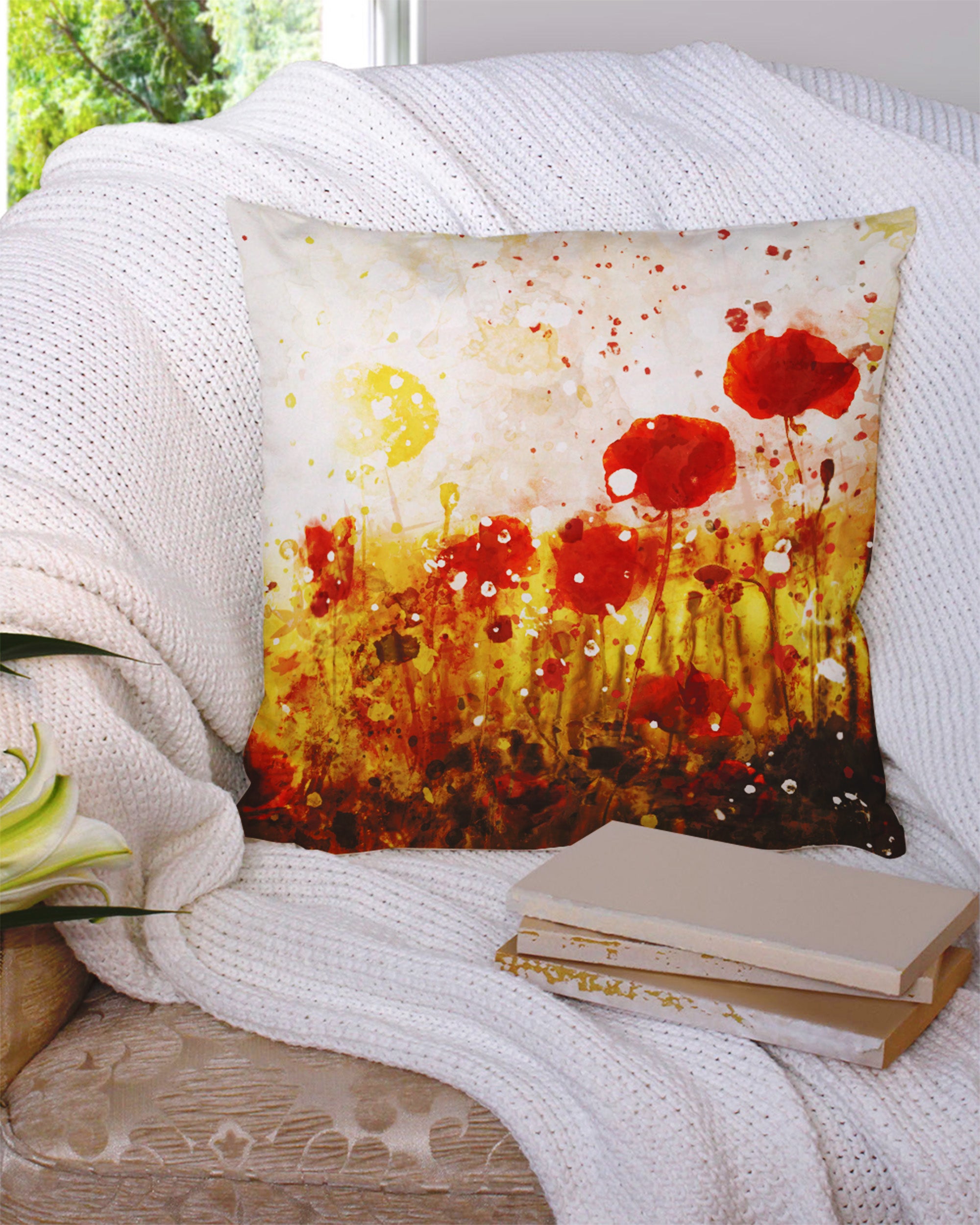 Shop Watercolor Poppy Poppies Boho Floral Decorative Throw Pillow Cushion , Throw Pillows, USA Boutique